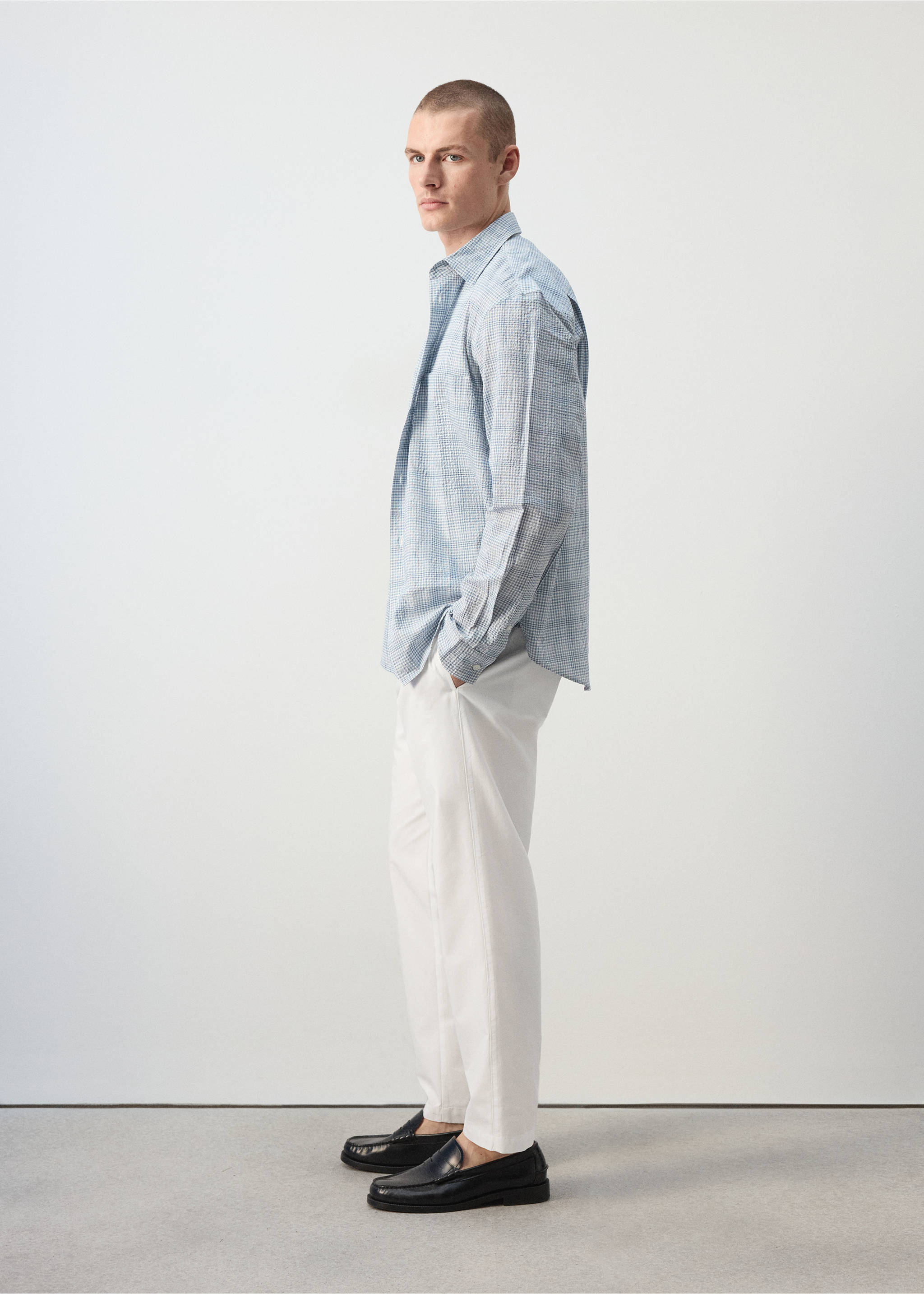 Pantalon coupe droite en mélange de coton - Détail de l'article 3, Blanc cassé. Ref: 37032890-00.