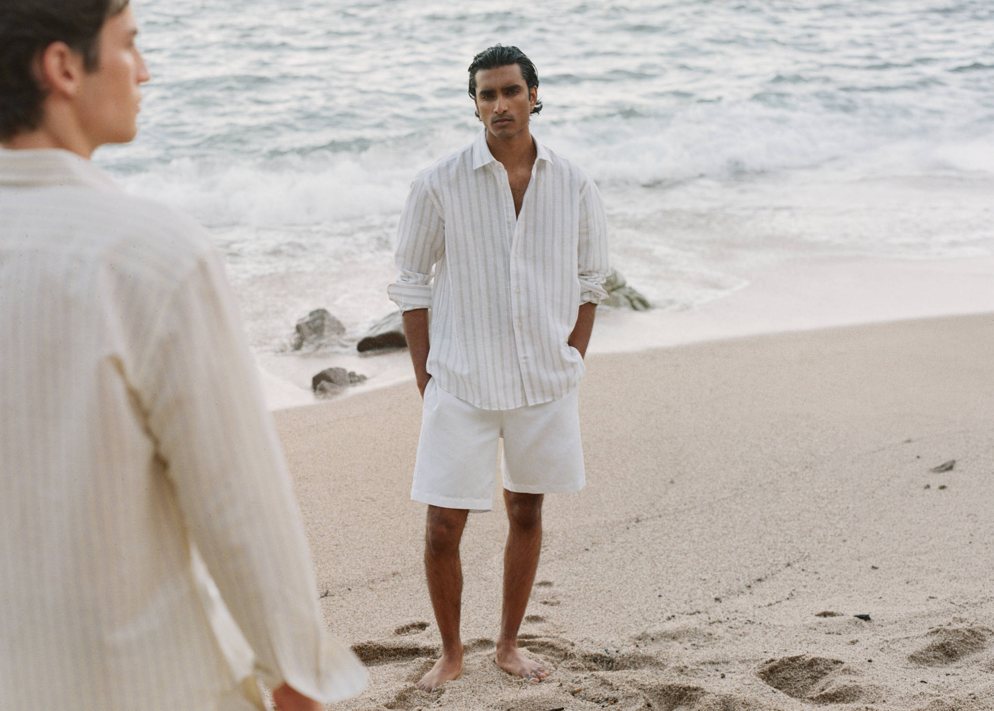 Relaxed fit cotton-linen blend Bermuda shorts - Panoramic plane