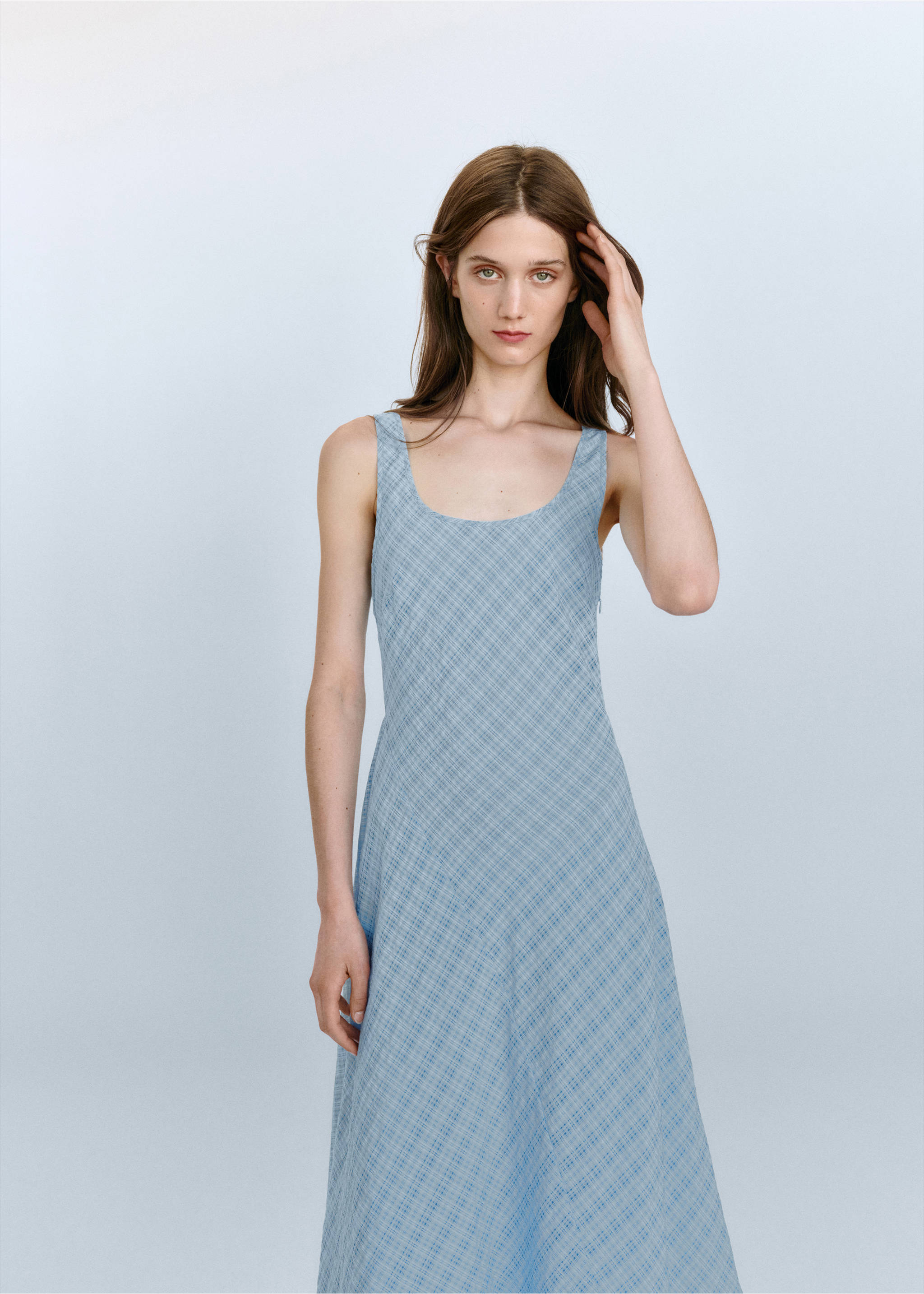 Check asymmetrical dress - Medium plane, Sky Blue. Ref: 37032892-00.
