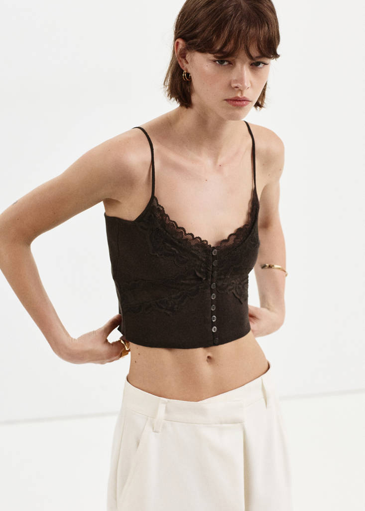 Fine knit lace crop top — Chocolate