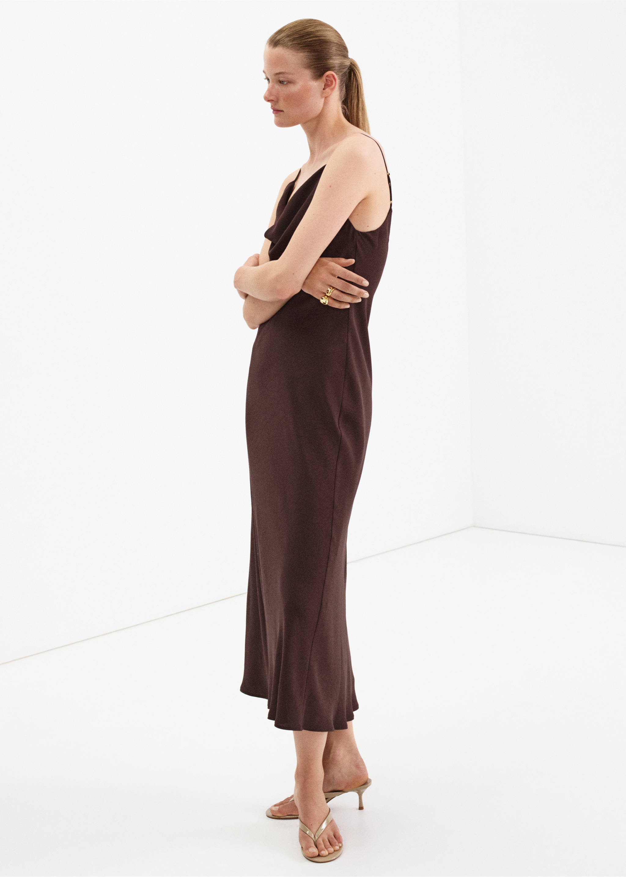 Draped neckline dress with back detail - General plane, Chocolate. Ref: 37032898-00.
