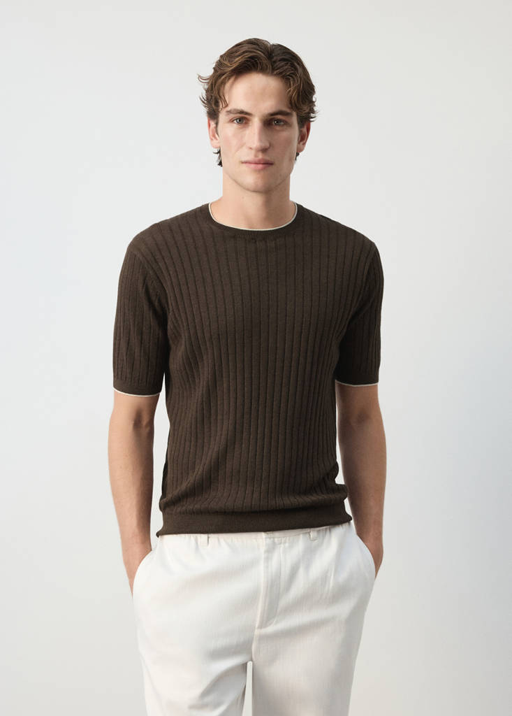 Ribbed linen lyocell blend T-shirt — Brown