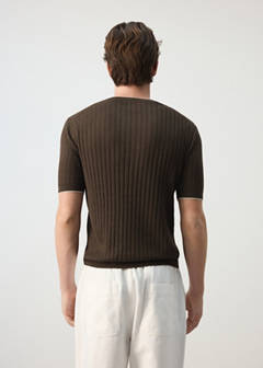 Ribbed linen lyocell blend T-shirt — Brown 3
