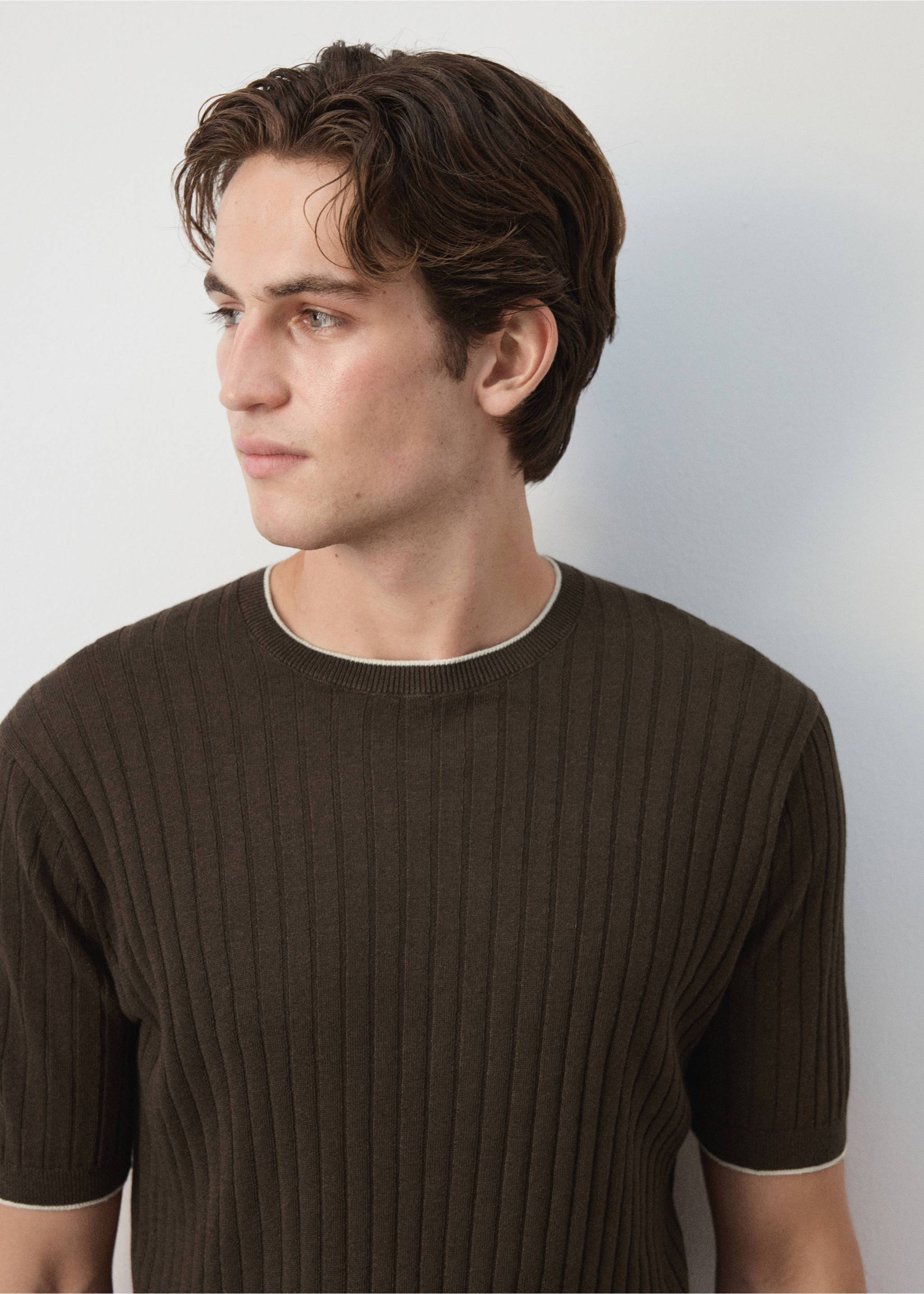 Cotton-linen blend knit T-shirt - Details of the article 1, Brown. Ref: 37032900-00.