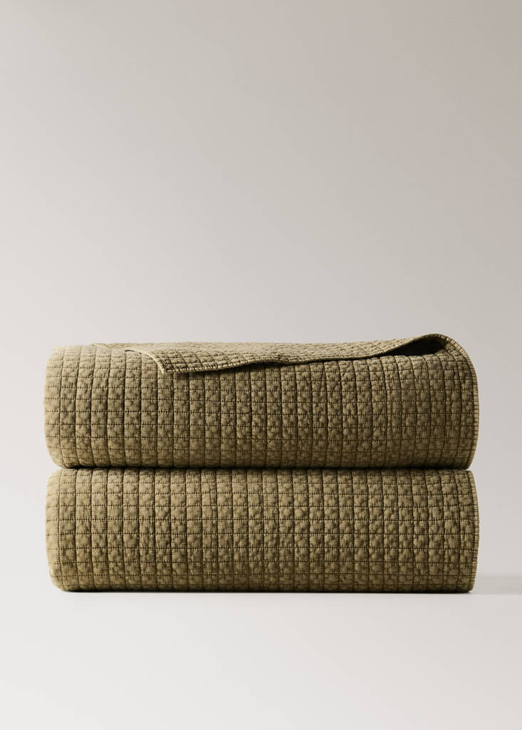 Karierte Baumwoll-Steppdecke, stückgefärbt, 180/200 Bett — Senfgelb