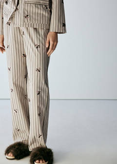 Striped pyjama trousers with embroidered flowers and sequins — Sand 1