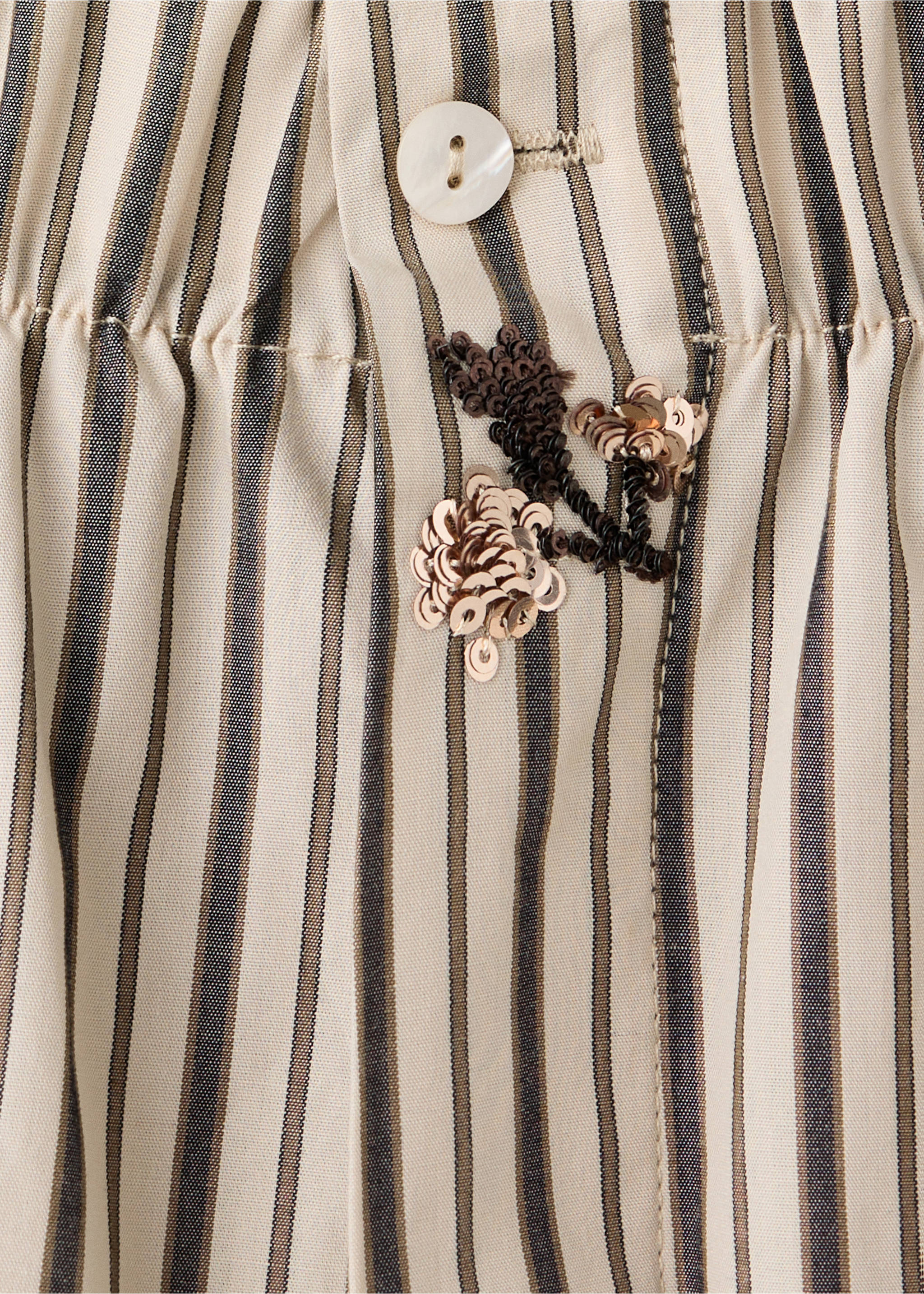 Striped pyjama trousers with embroidered flowers and sequins - Details of the article 8, Sand. Ref: 37032919-00.