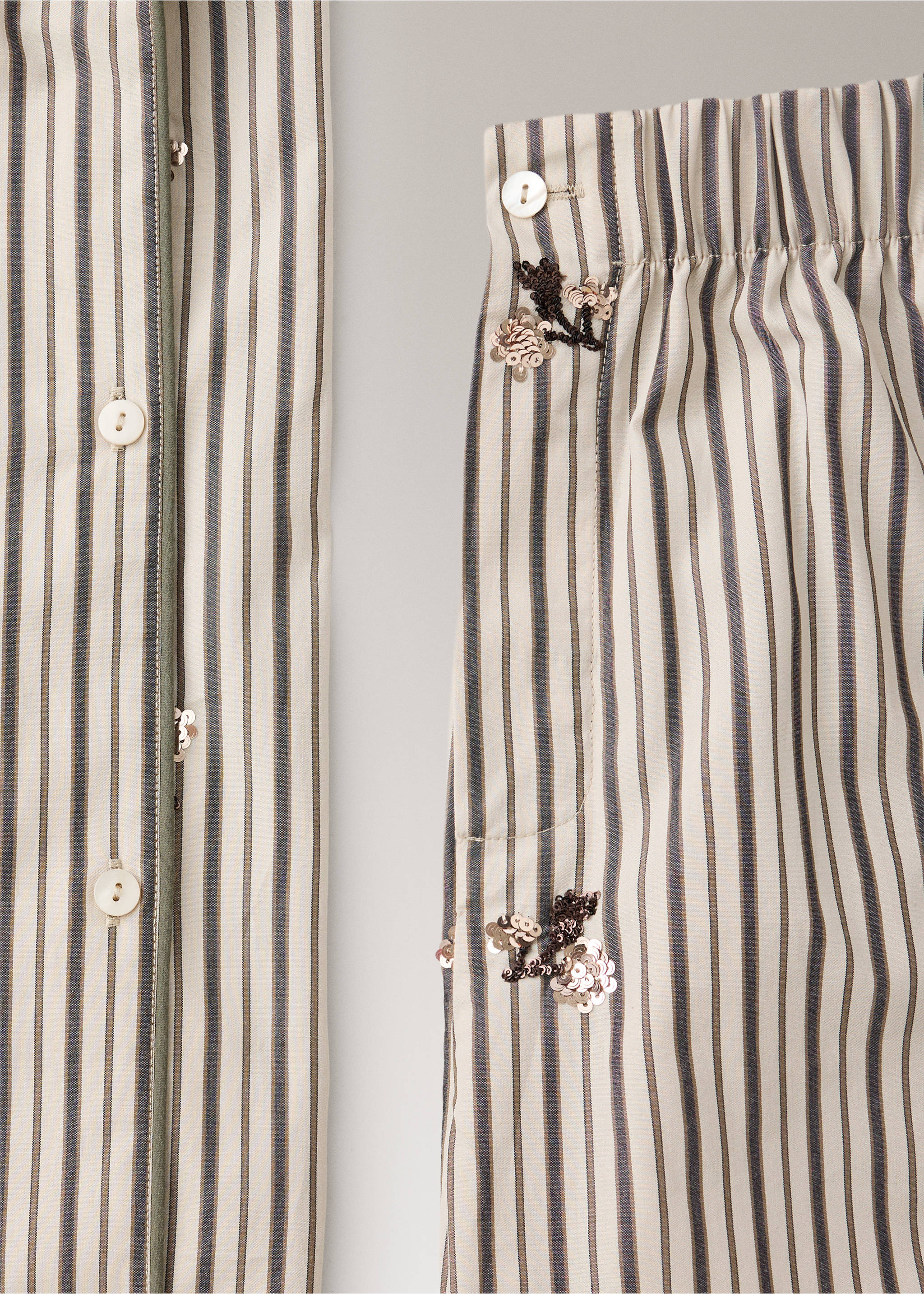 Striped pyjama trousers with embroidered flowers and sequins - Details of the article 0, Sand. Ref: 37032919-00.