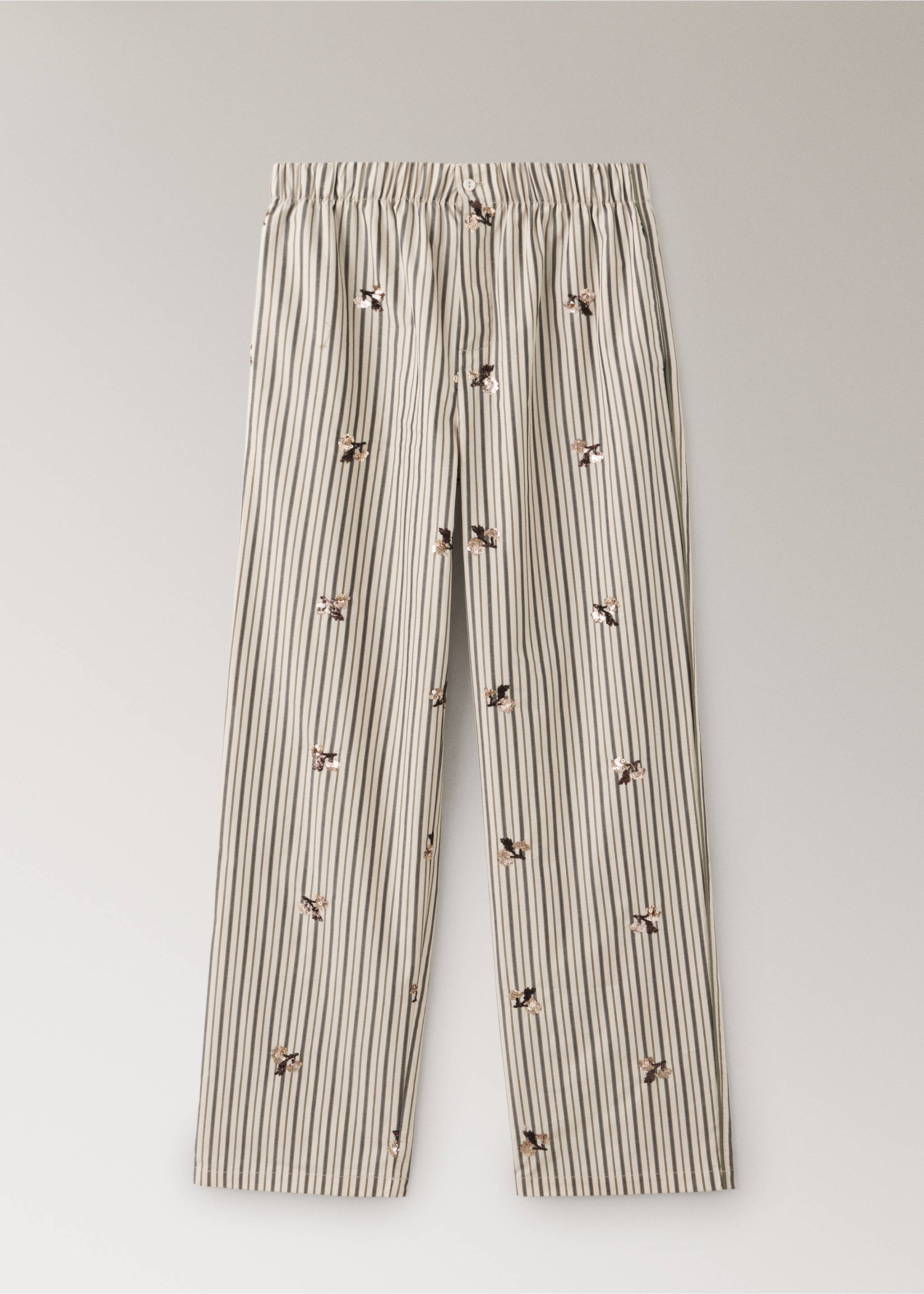 Striped pyjama trousers with embroidered flowers and sequins - Article without model, Sand. Ref: 37032919-00.