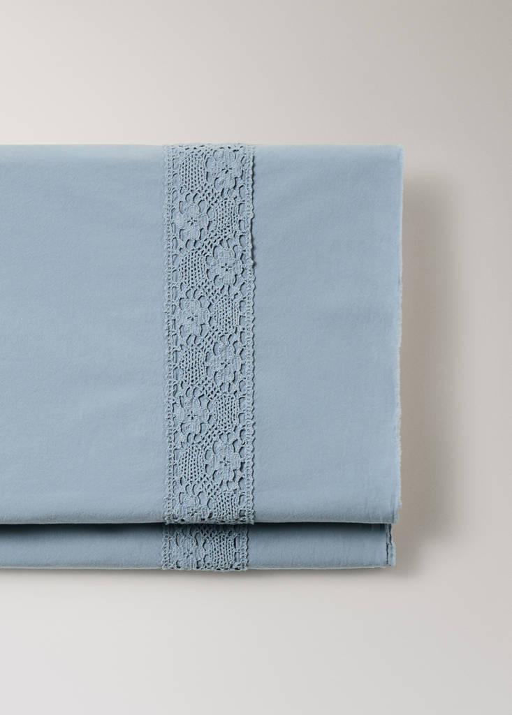 Washed cotton flat sheet with lace detail for 180/200cm bed — Blue