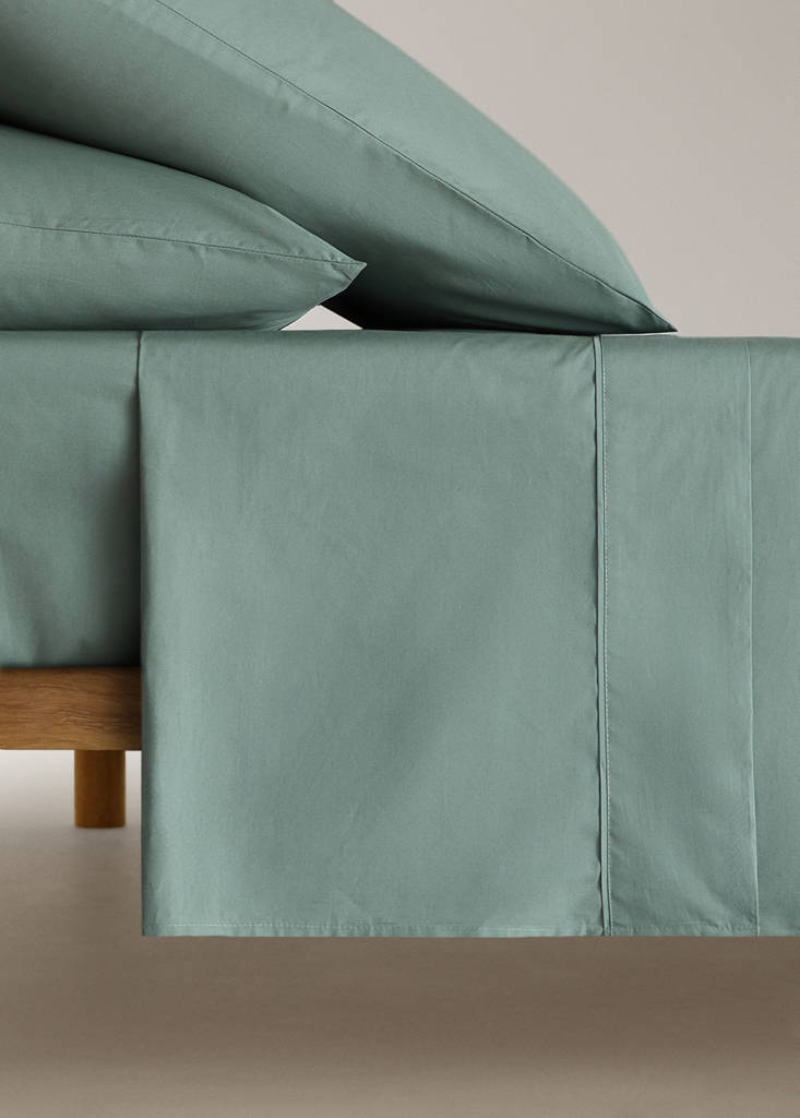 Percale cotton flat sheet, 300 thread count, piping detail, for 150/160 cm bed — Medium Green