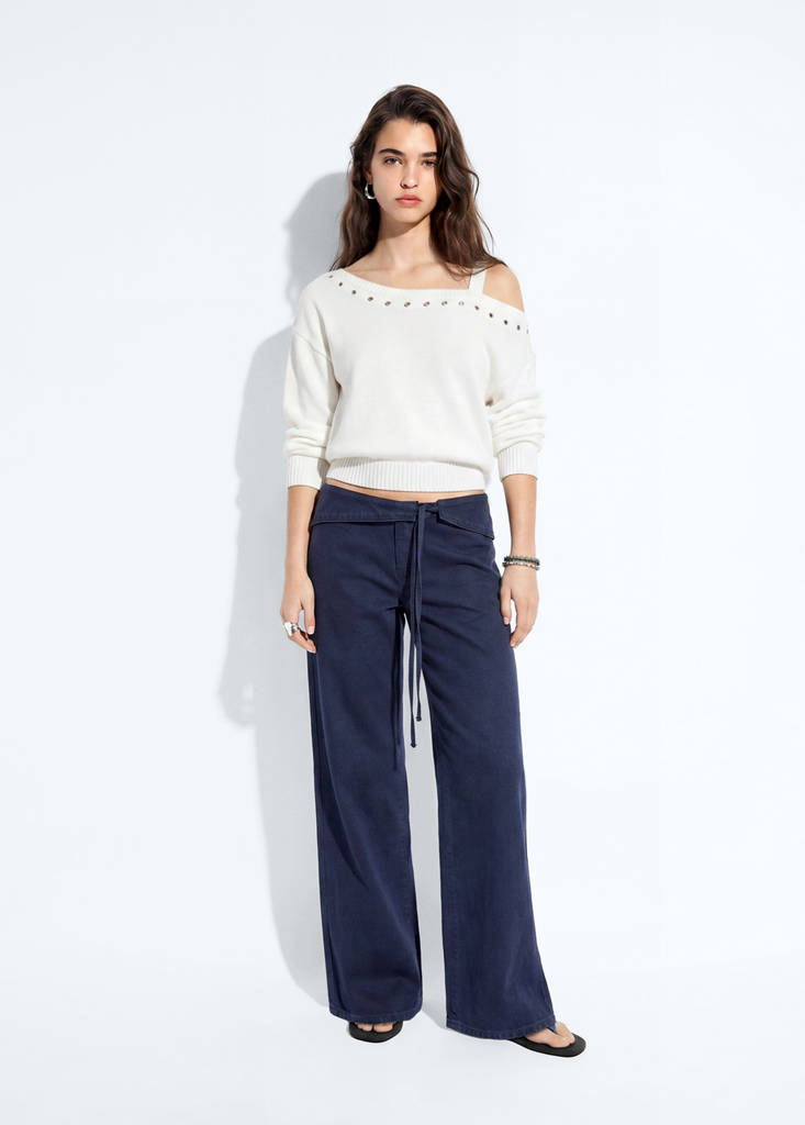 Asymetryczny sweter z oczkami biały - Teen - XS - MANGO TEEN