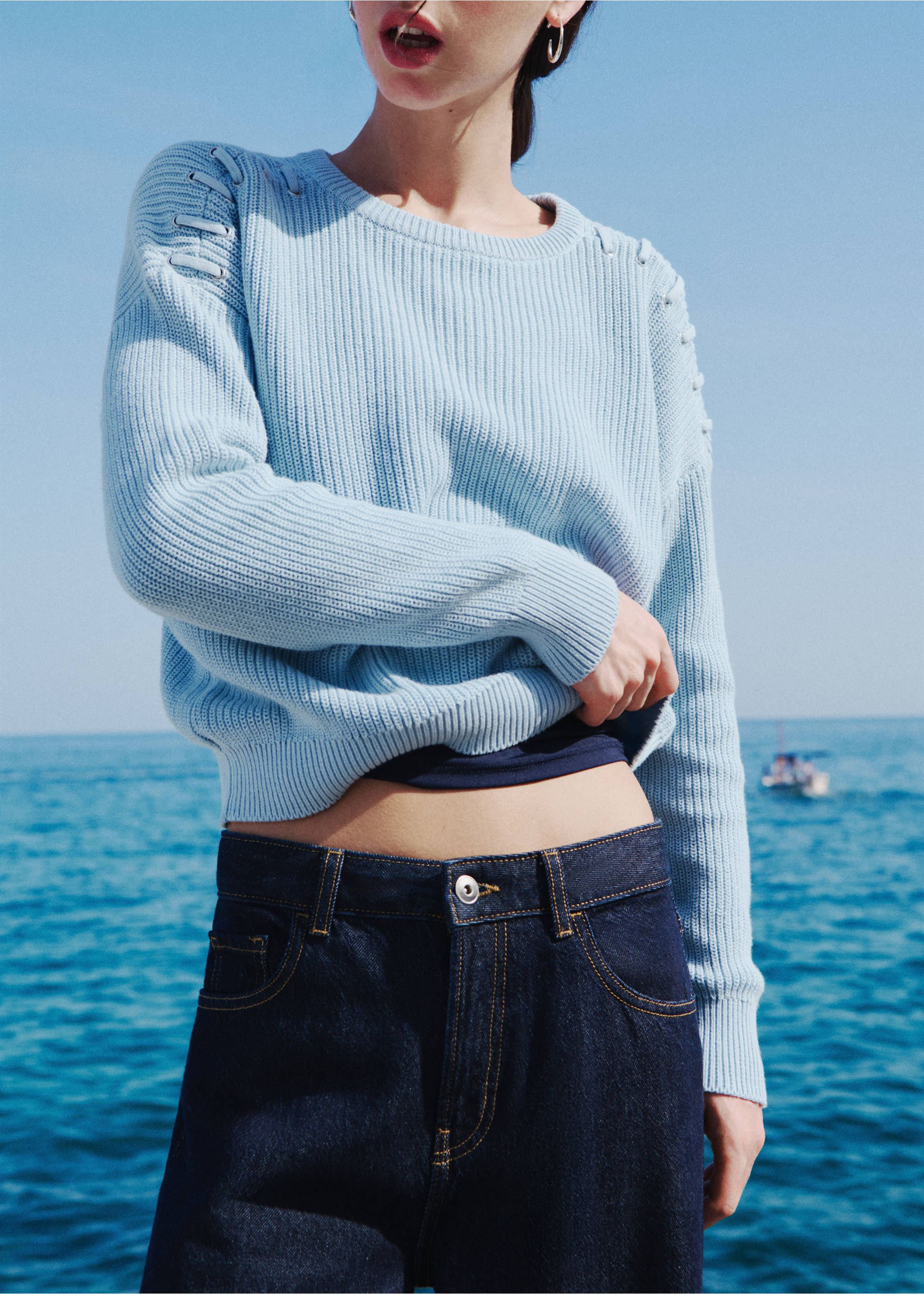 Cotton jumper with buttonhole detailing - Medium plane, Sky Blue. Ref: 37033287-00.
