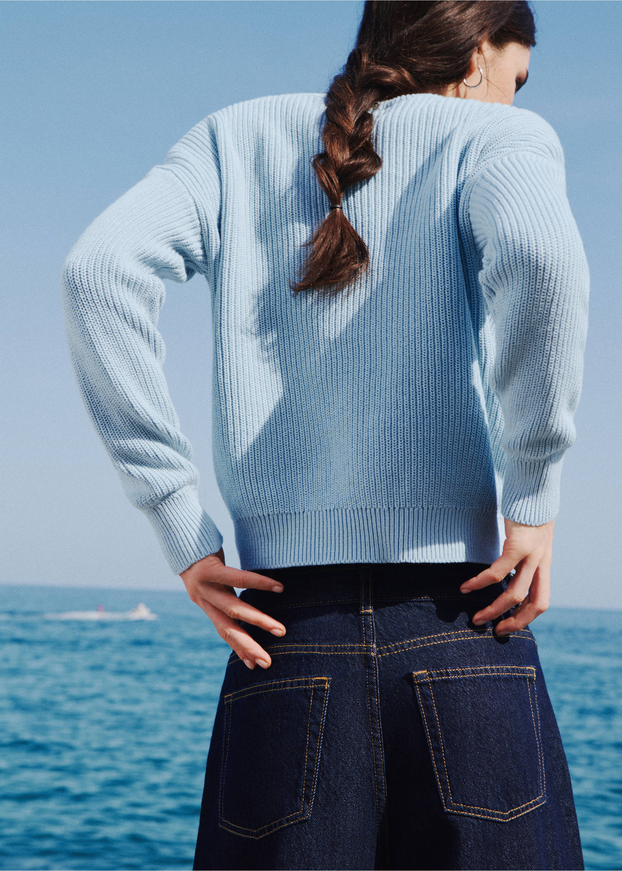 Cotton jumper with buttonhole detailing - Reverse of the article, Sky Blue. Ref: 37033287-00.
