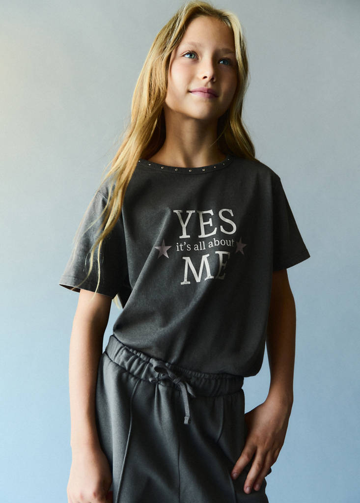 Studded T-shirt with print detail — Charcoal