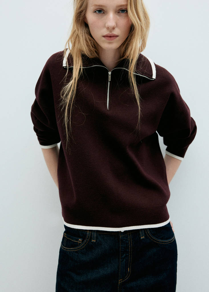 Polo neck jumper with contrasting stripe — Chocolate
