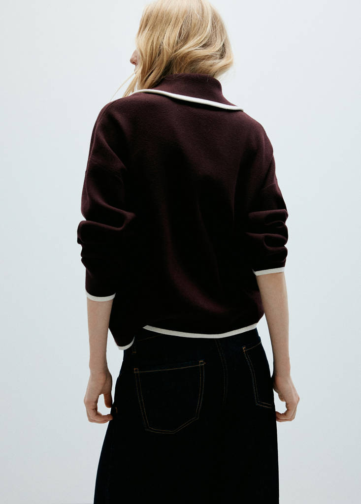 Polo neck jumper with contrasting stripe — Chocolate