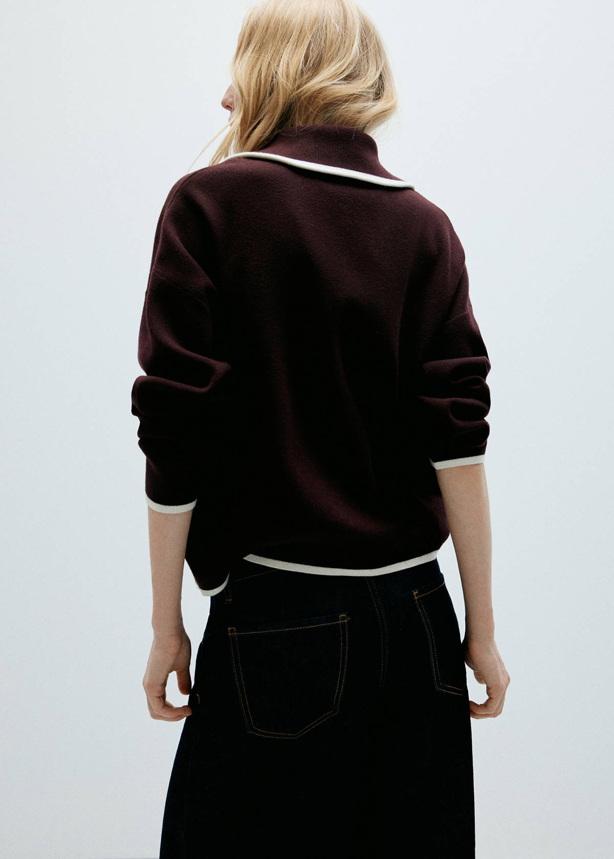 Polo neck jumper with contrasting stripe — Chocolate