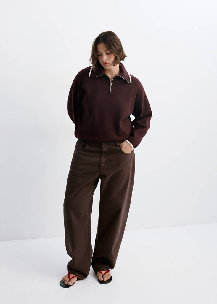 Polo neck jumper with contrasting stripe — Chocolate