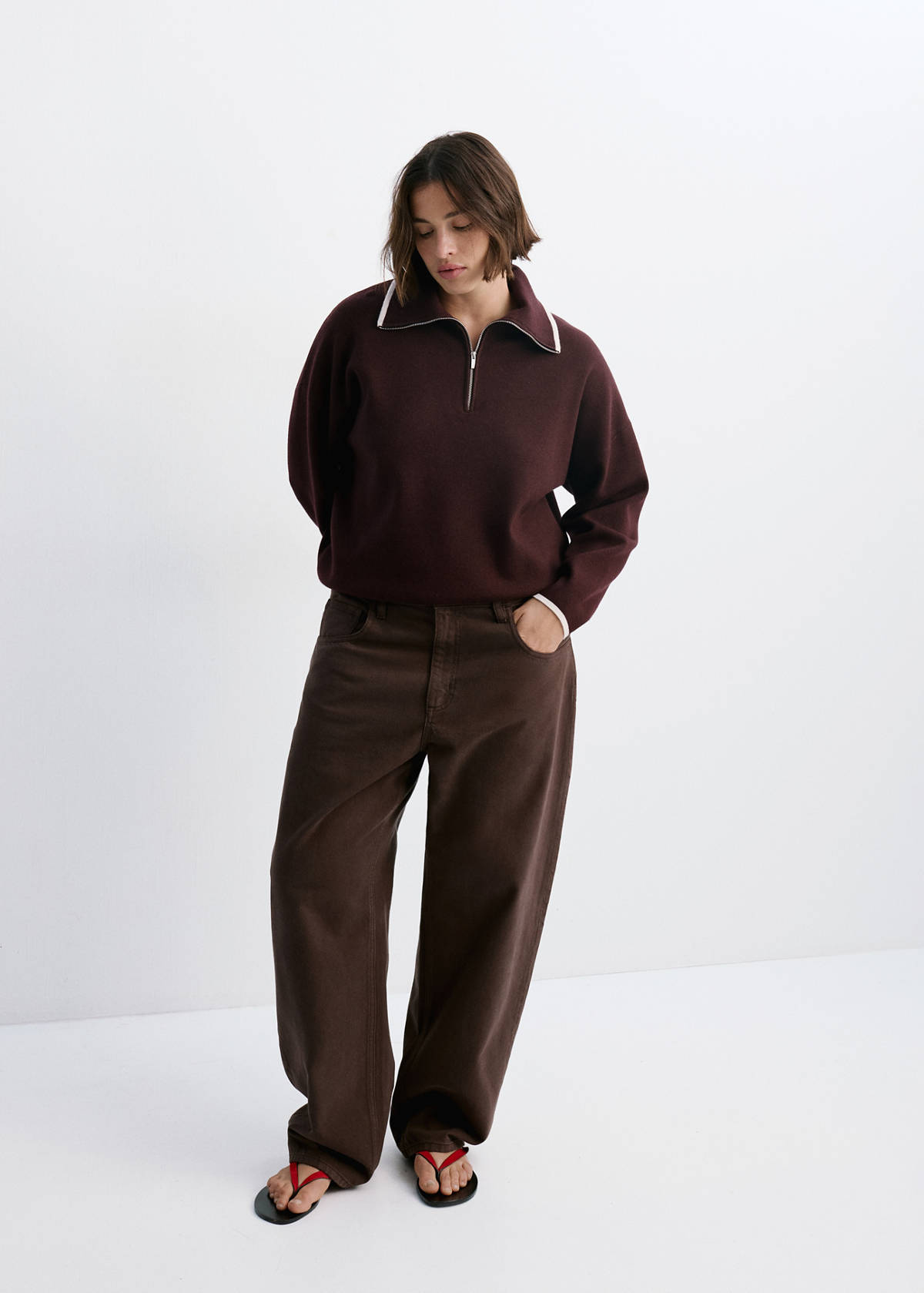 Polo neck jumper with contrasting stripe — Chocolate