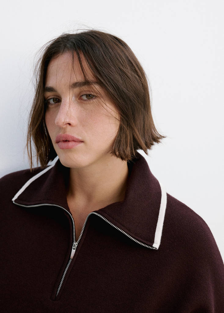 Polo neck jumper with contrasting stripe — Chocolate
