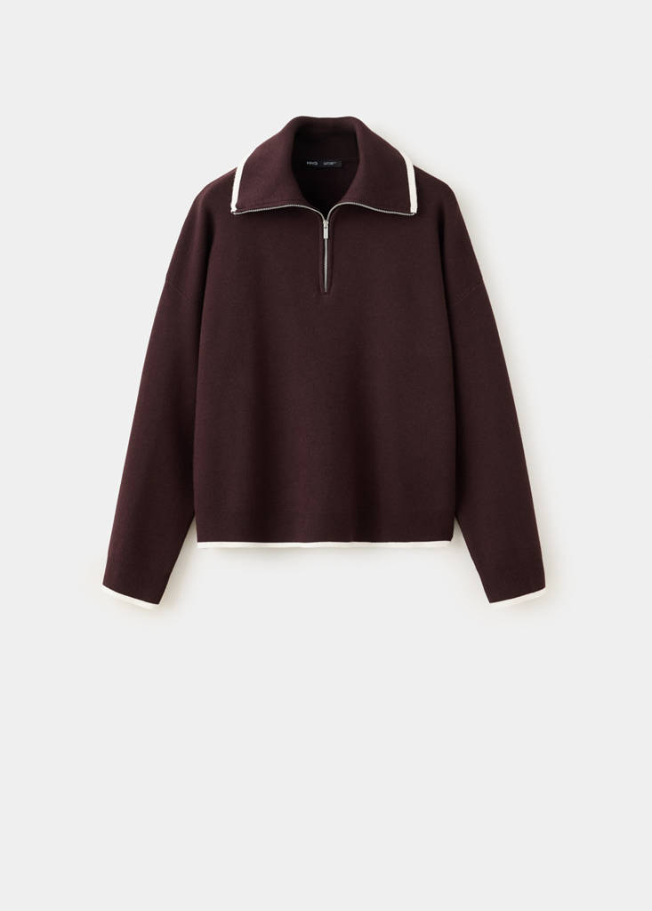 Polo neck jumper with contrasting stripe — Chocolate