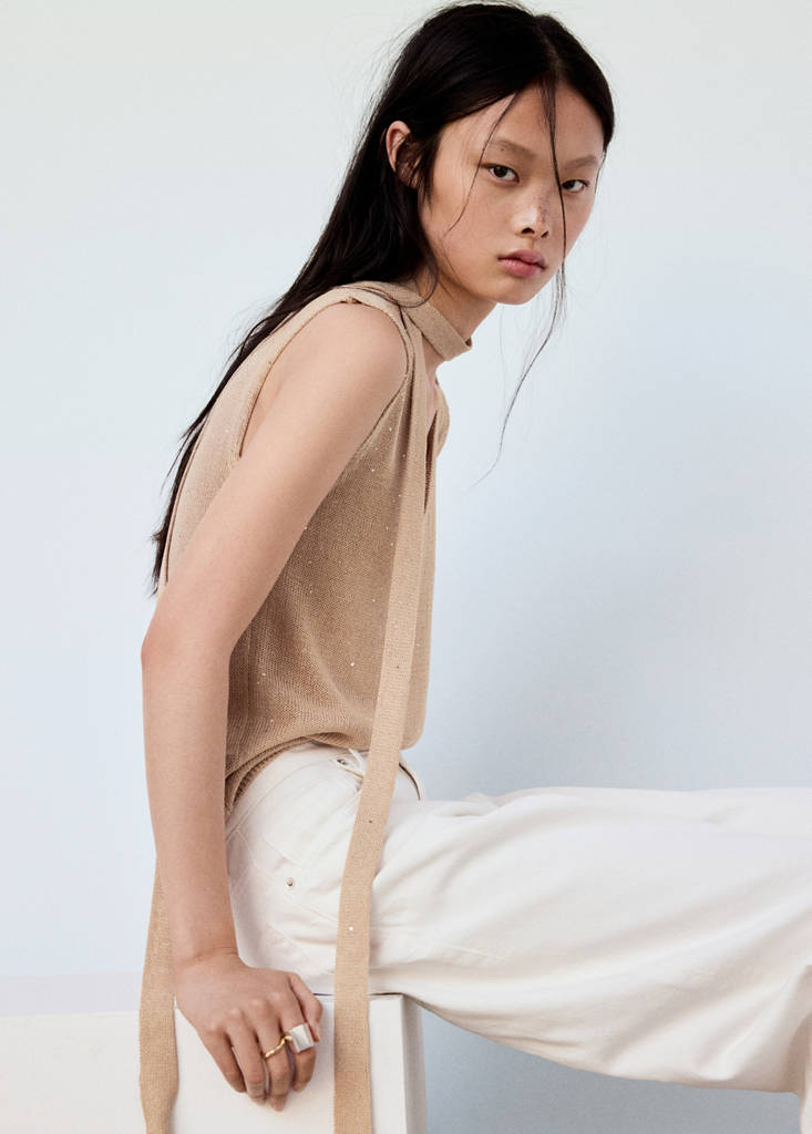 Knitted top with sequin detail — Sand