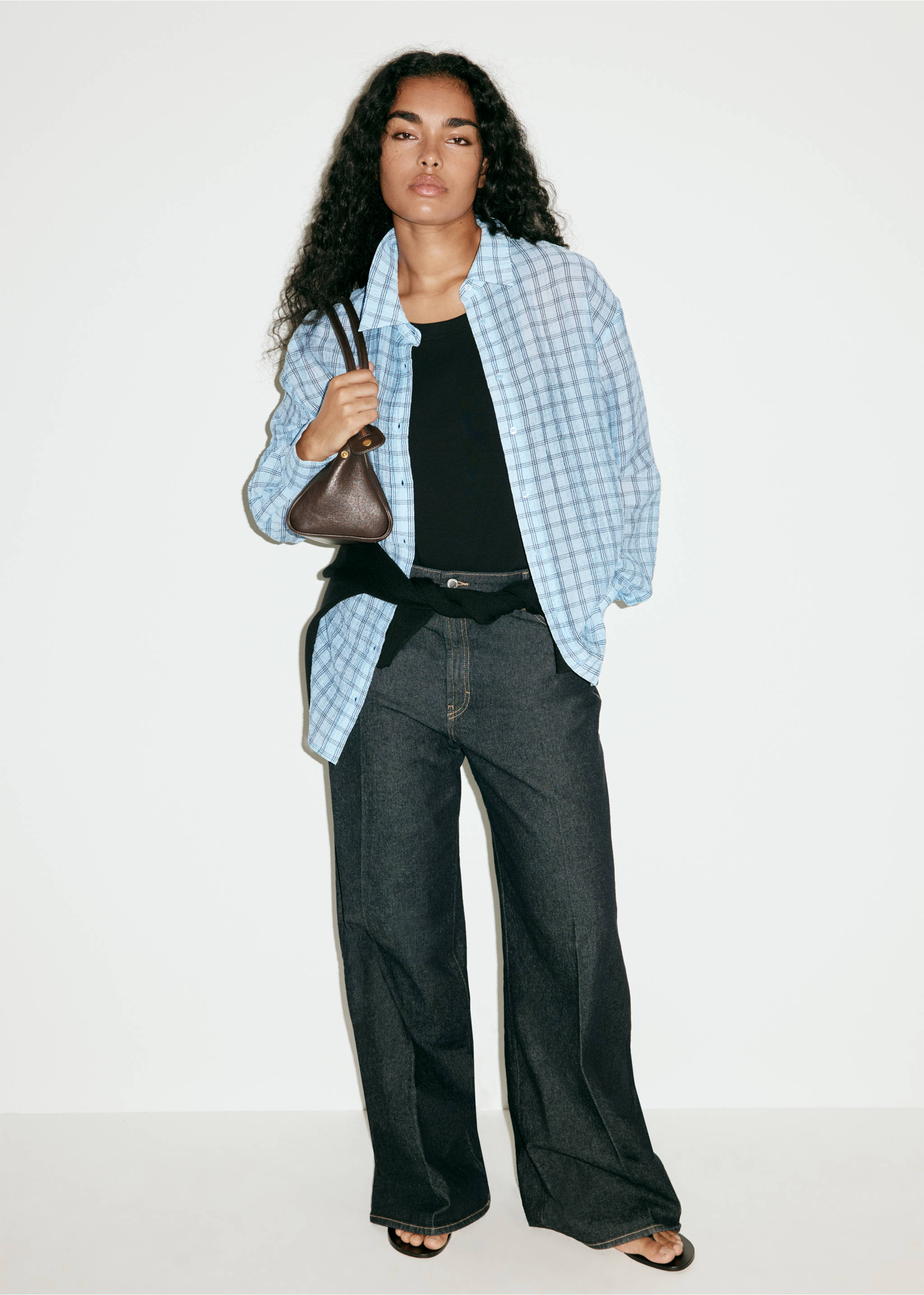 Textured checked lyocell shirt - Details of the article 6, Sky Blue. Ref: 37034089-00.