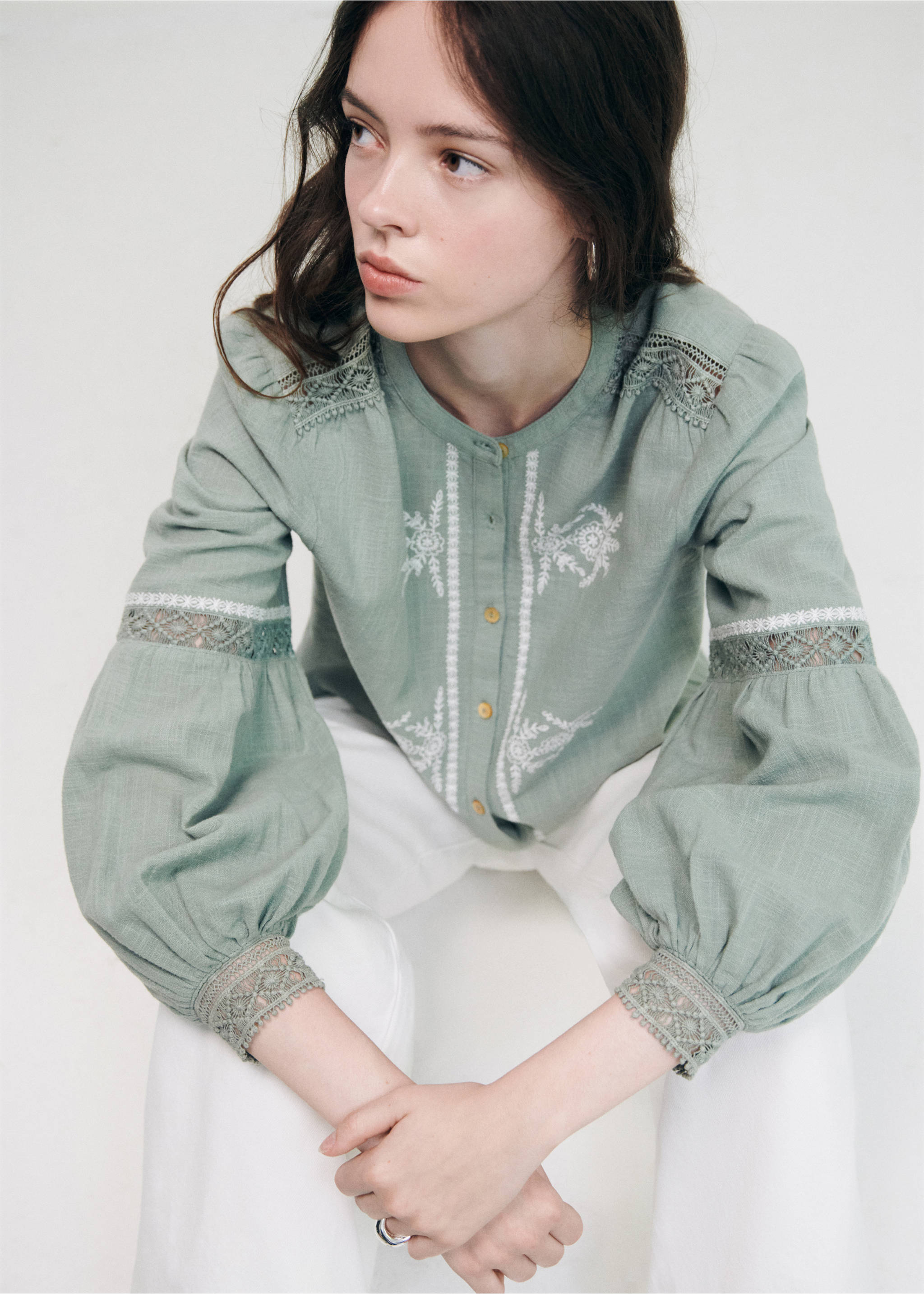 Lace blouse with puffed sleeves - رؤية وسط, أخضر بلون النعناع. Ref: 37034095-00.