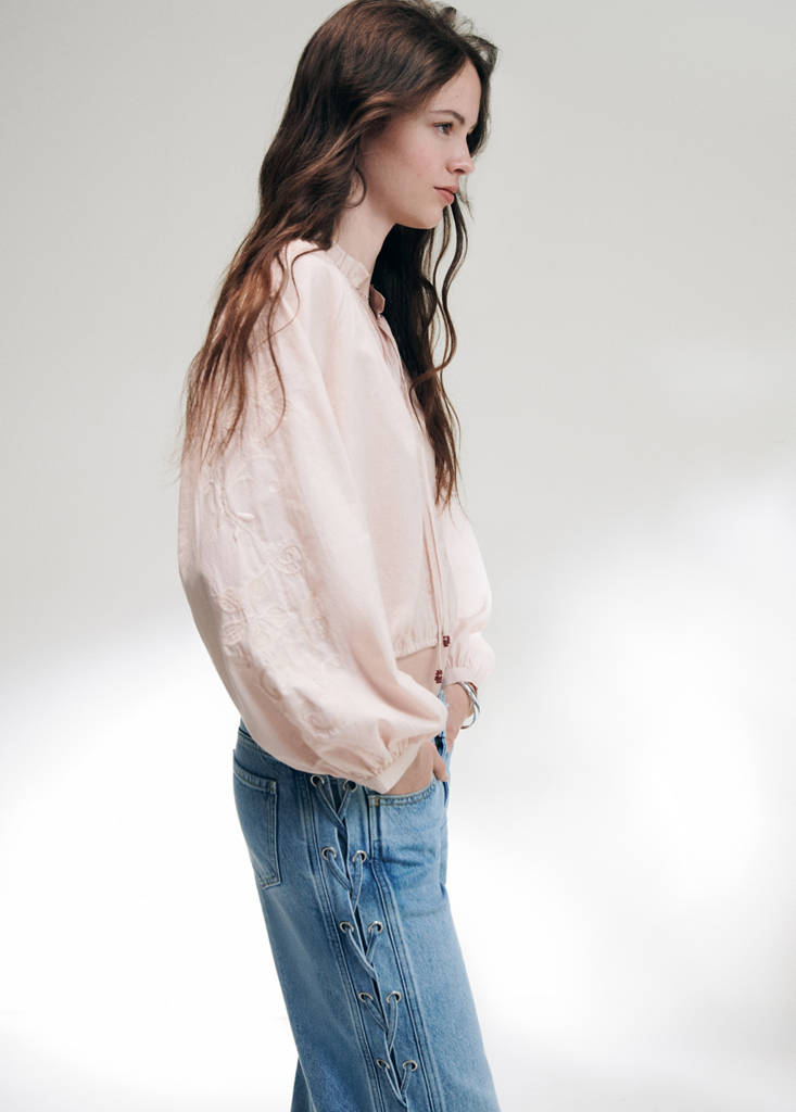 Puff-sleeve blouse with embroidery — Pastel Pink