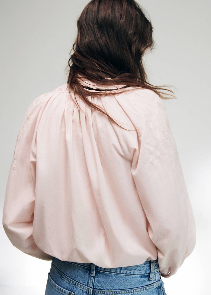 Puff-sleeve blouse with embroidery — Pastel Pink