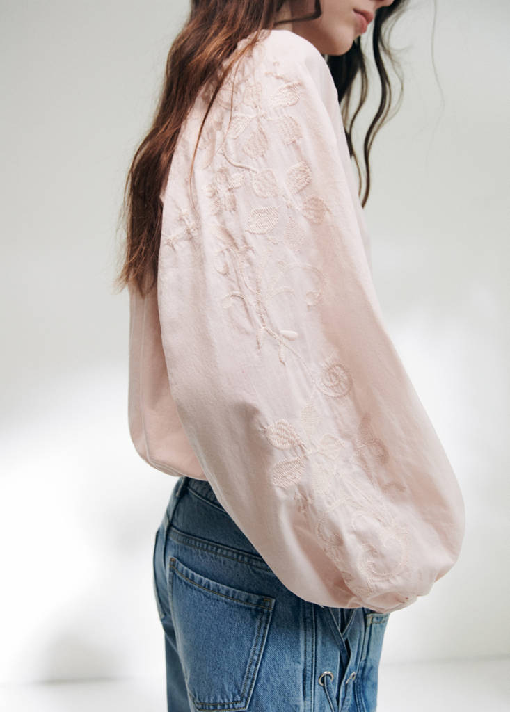 Puff-sleeve blouse with embroidery — Pastel Pink
