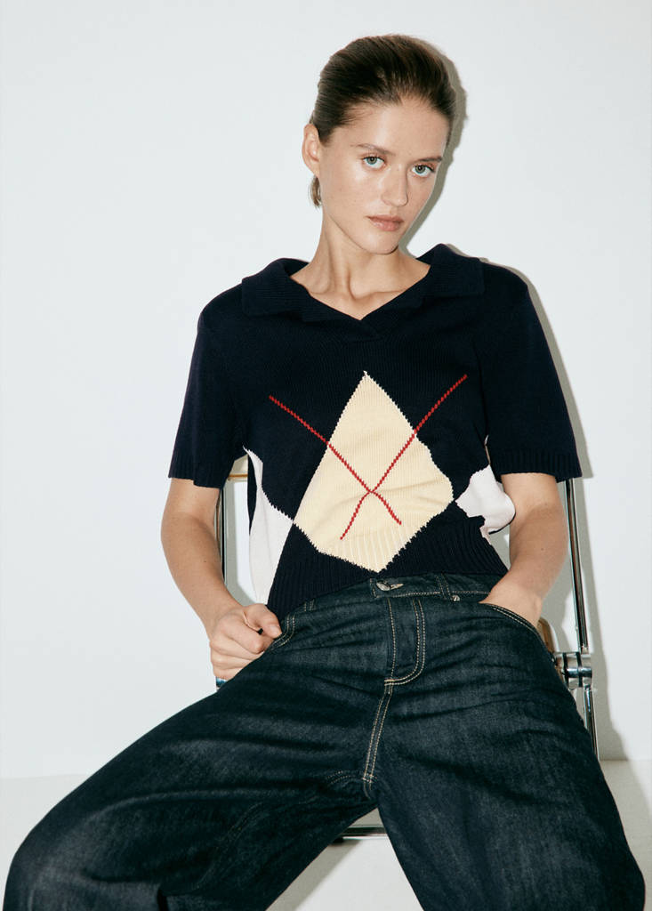 Polo neck argyle jumper — Navy