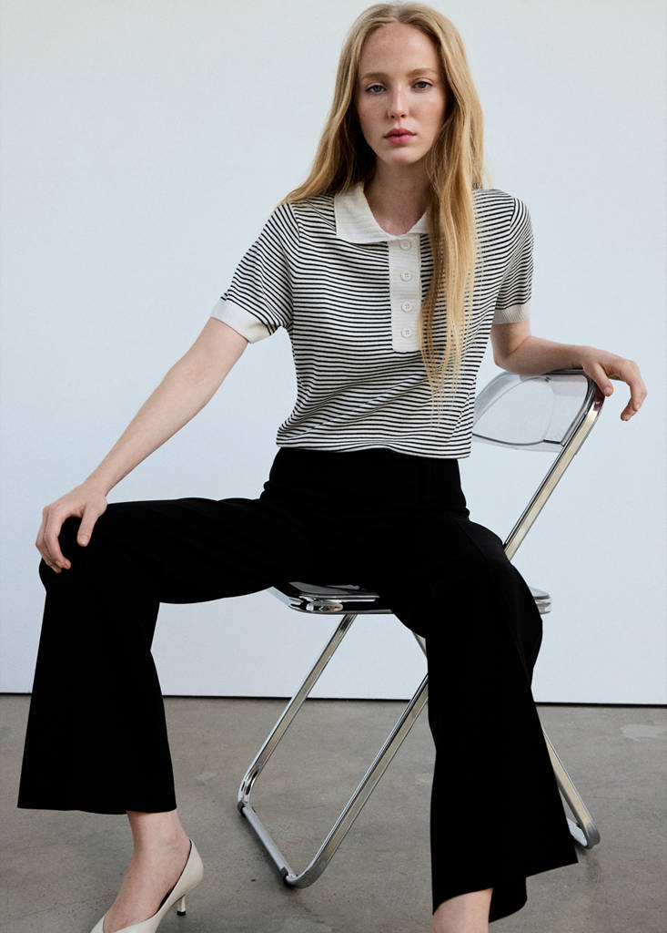 Striped fine-knit polo shirt — Ecru