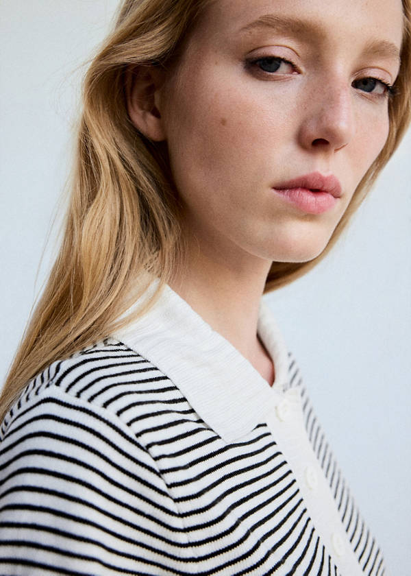 Striped fine-knit polo shirt — Ecru
