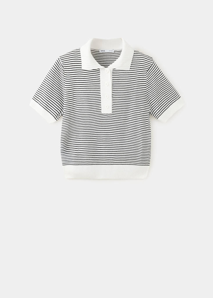Striped fine-knit polo shirt — Ecru