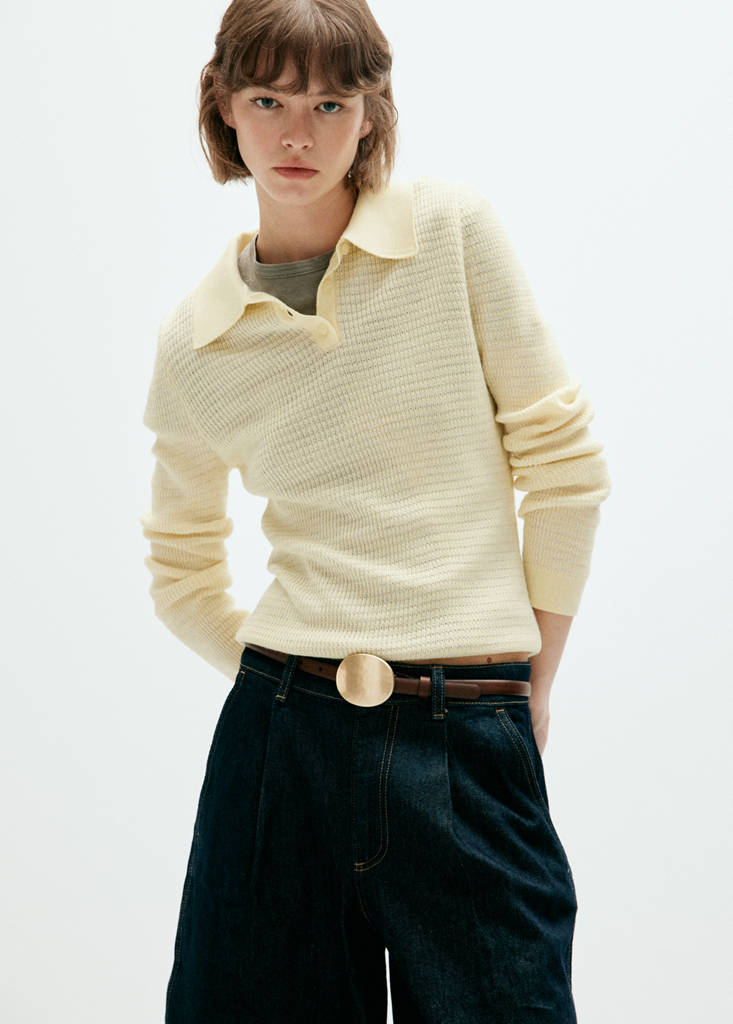 Textured knit polo neck sweater — Yellow