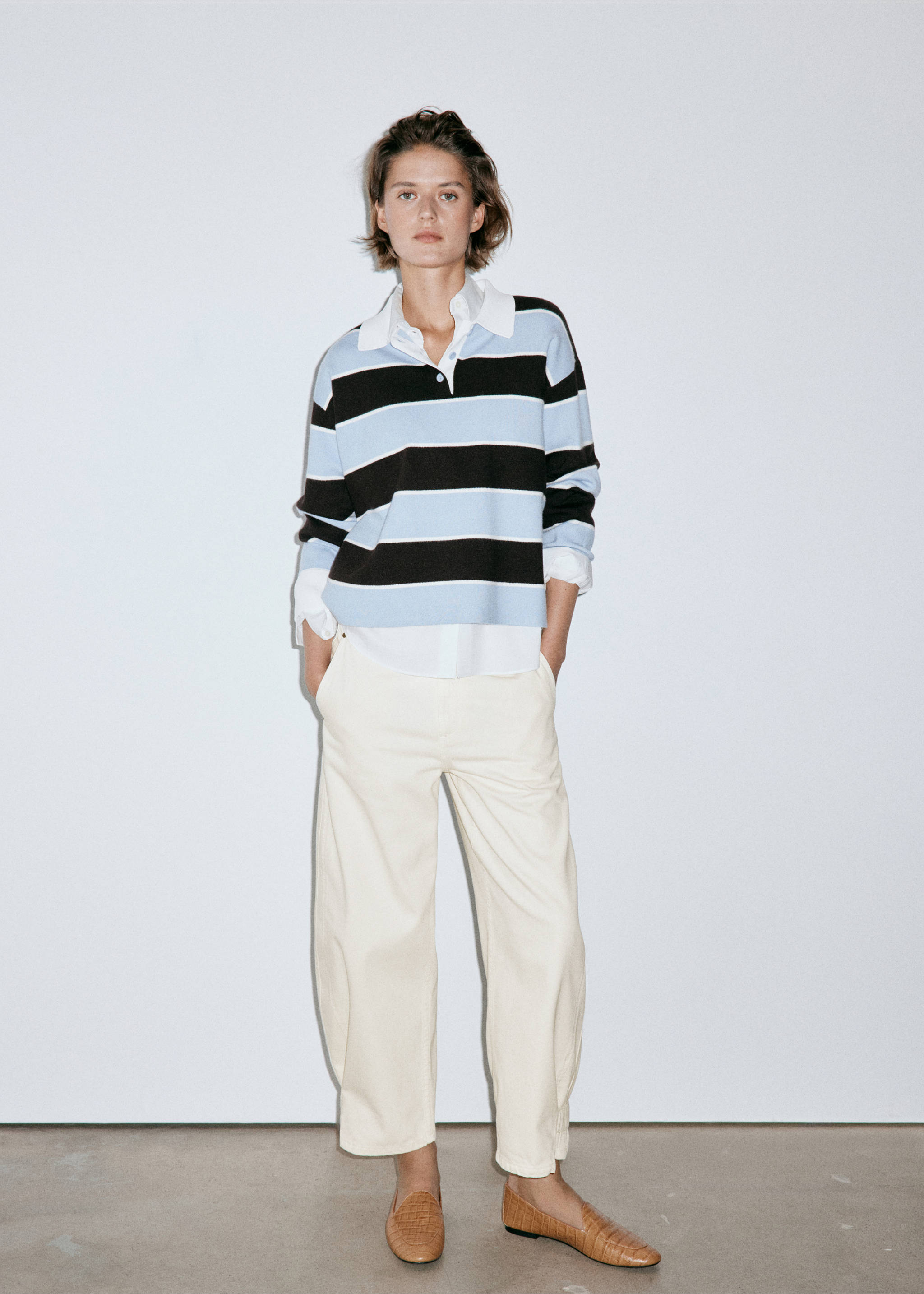 White denim trousers worn with a striped polo and tan loafers., Ecru. Ref: 37034118-01.
