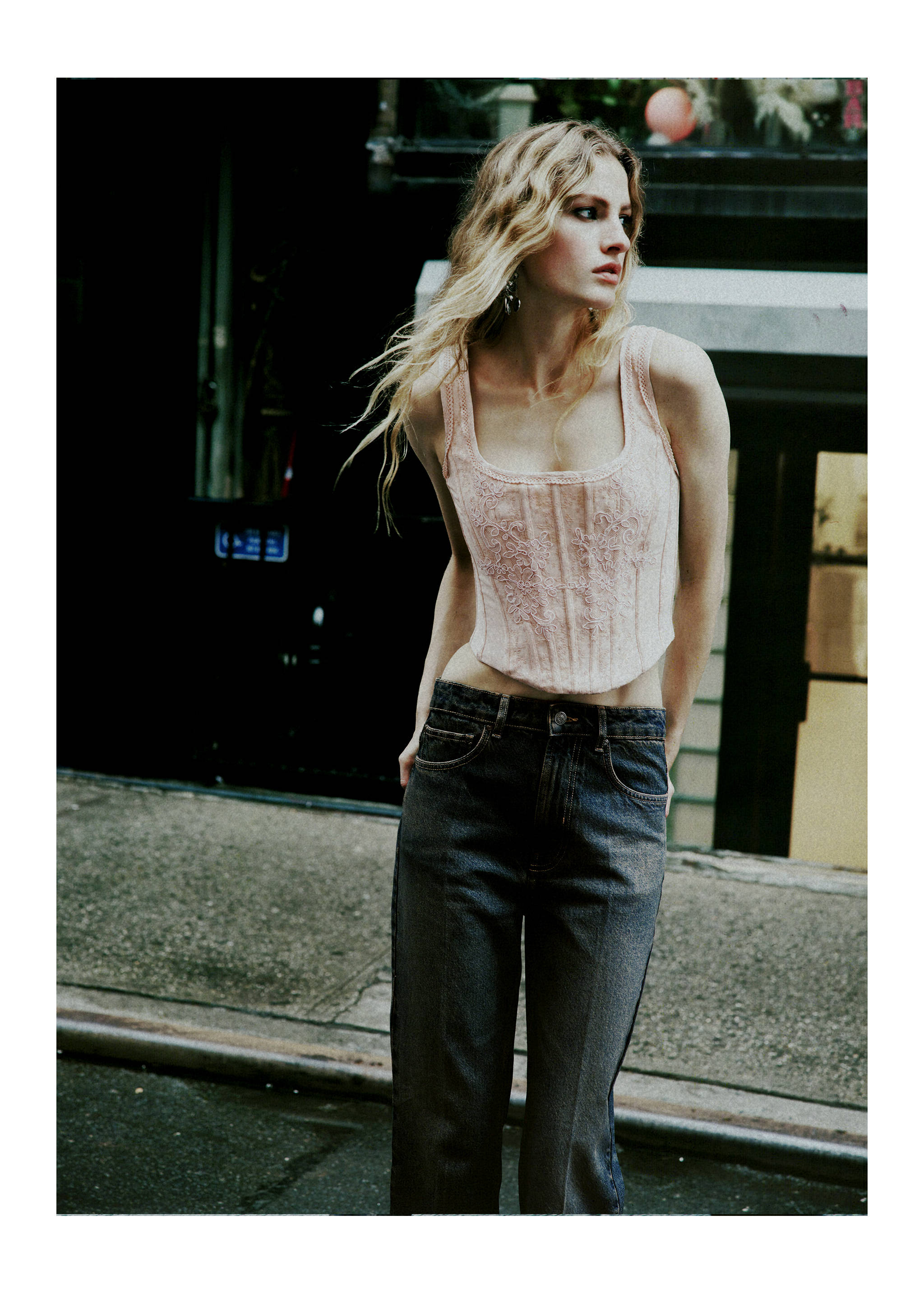 Pale pink embroidered sleeveless corset top worn with dark denim trousers., Dark Vintage Blue. Ref: 37034120-00.