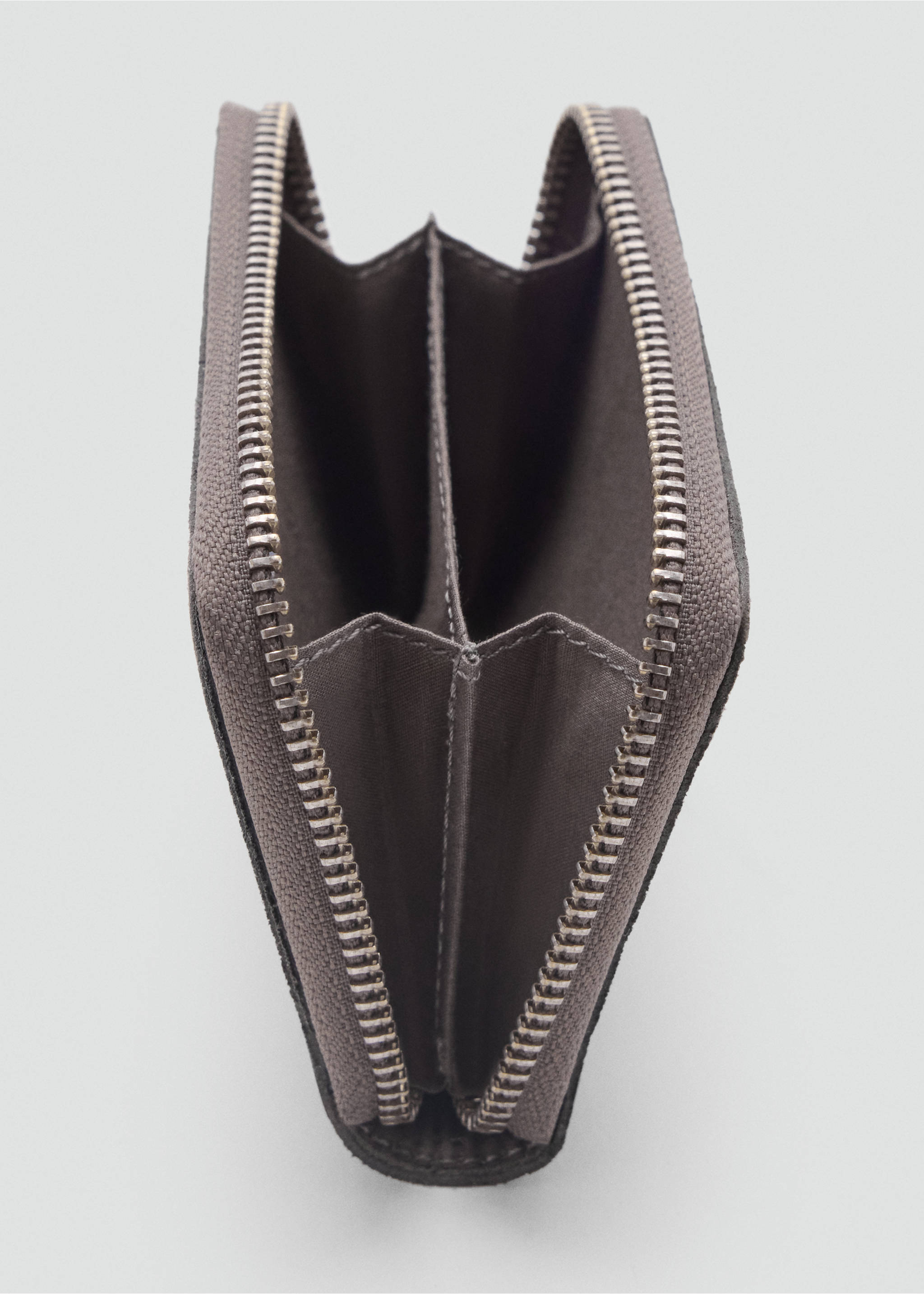 Close-up of an open grey wallet showing its zipped compartment details., Grey. Ref: 37034431-00.