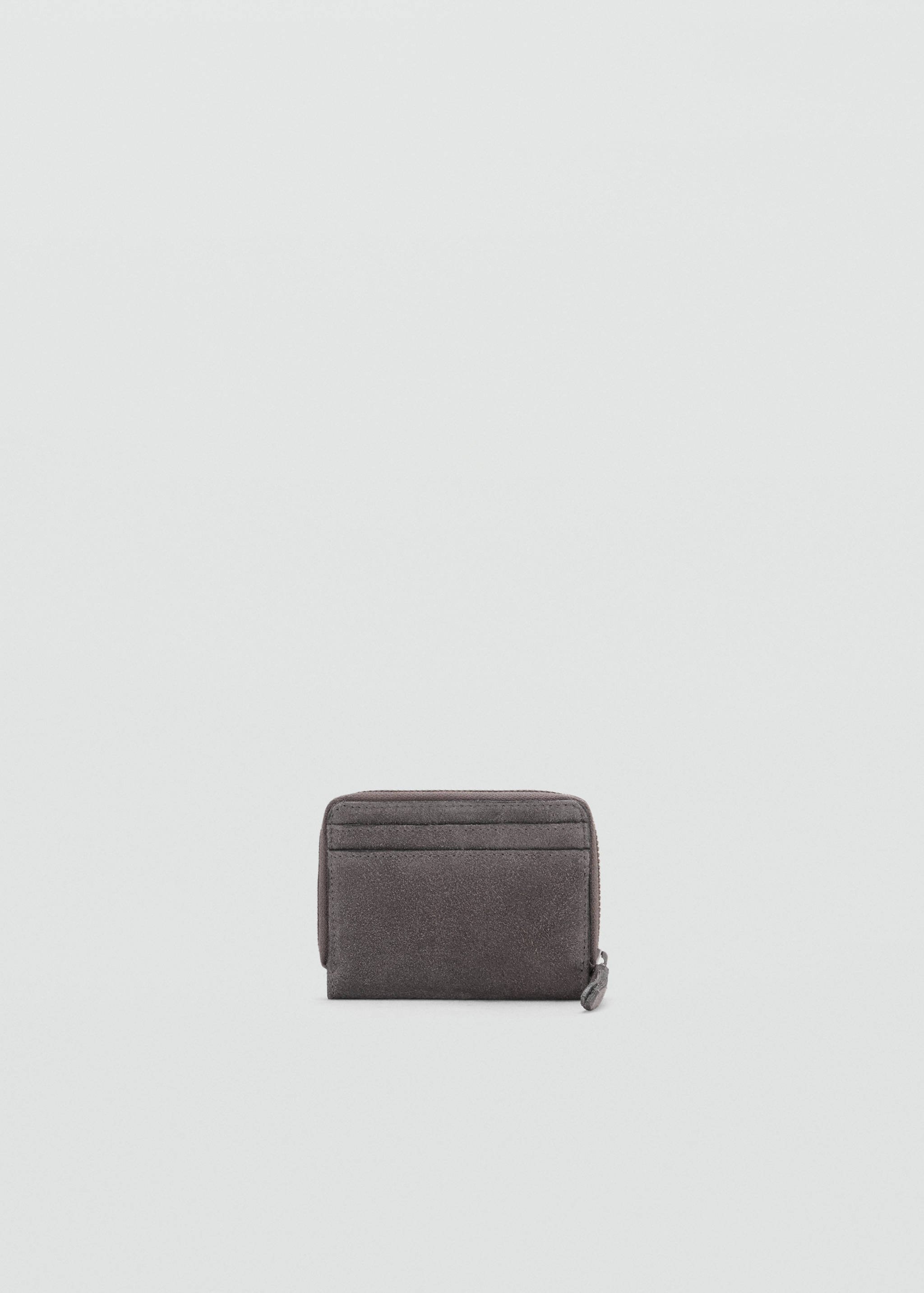 Grey zip-around wallet with card slots and a textured finish.