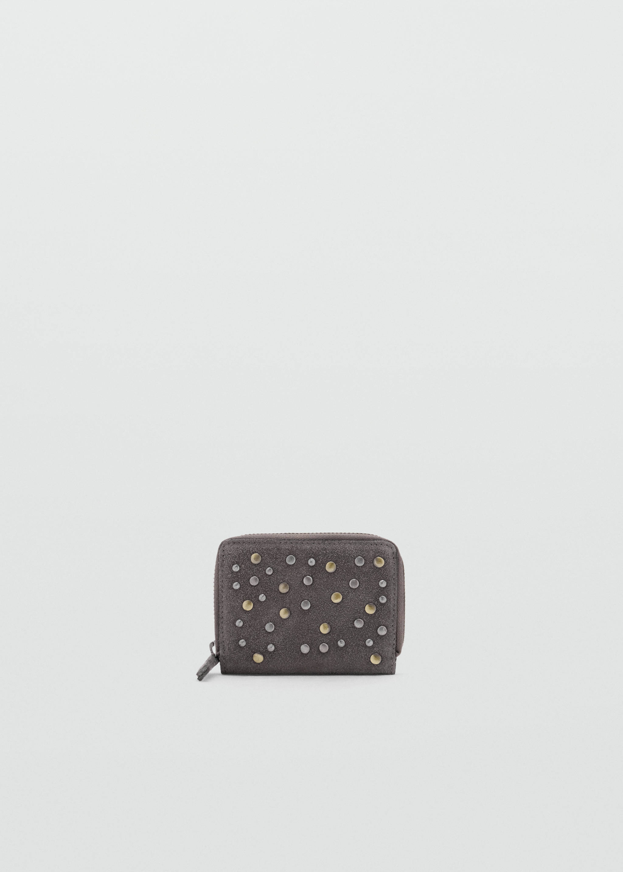 Dark grey wallet with assorted metallic studs and a zip-around closure.