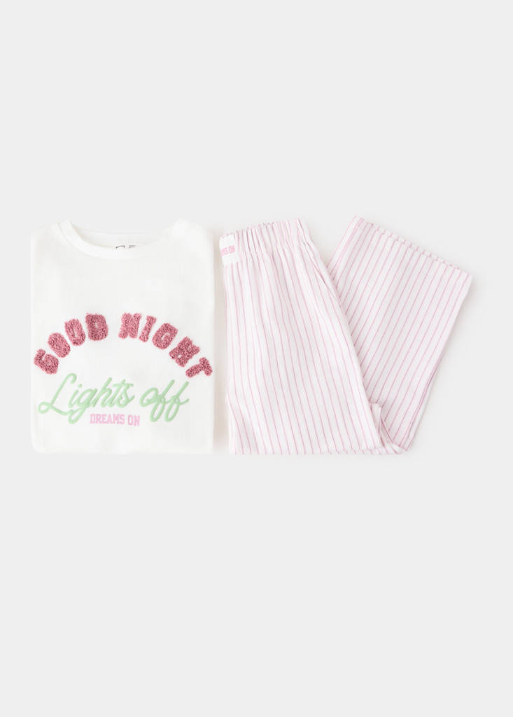 Full cotton pyjama set with text — Off White