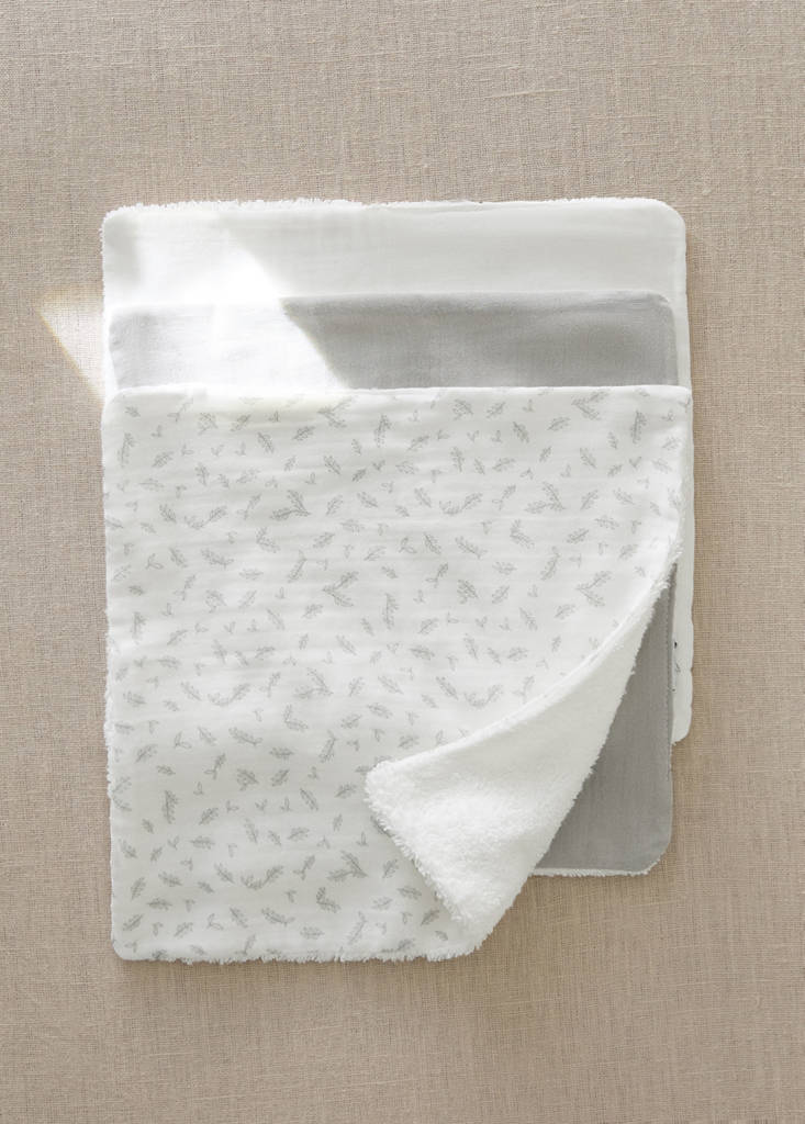 Set of 3 cotton baby blankets with leaf print — Ecru