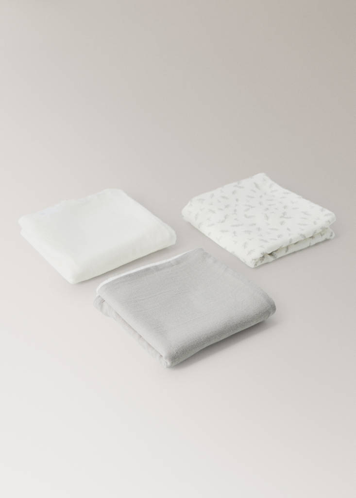 Set of 3 cotton baby blankets with leaf print — Ecru