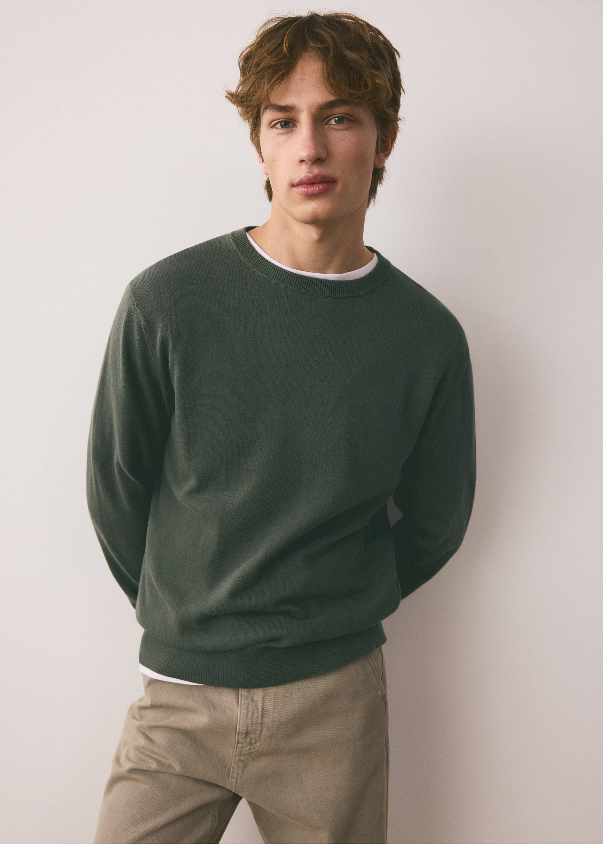 Knitted cotton sweater - Medium plane, Green. Ref: 37034796-00.