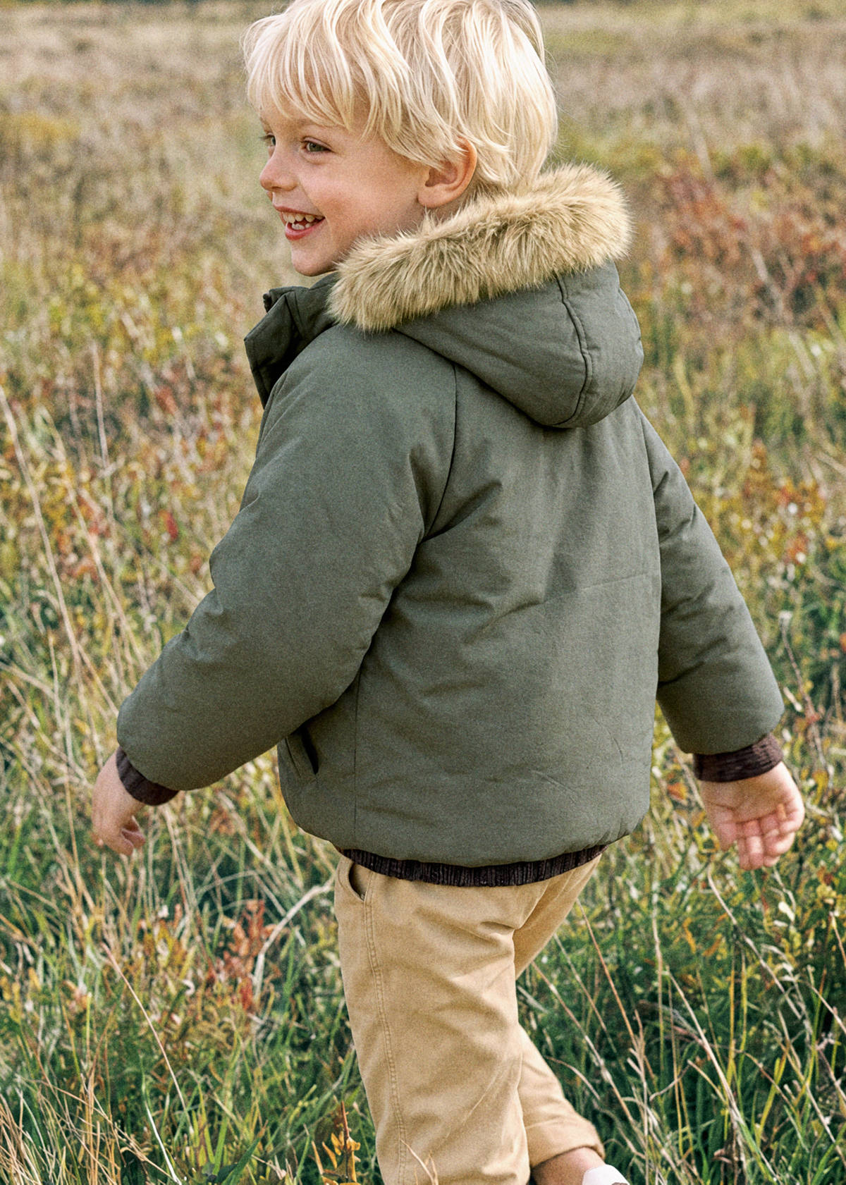 Puffer coat with fur-effect hood — Green