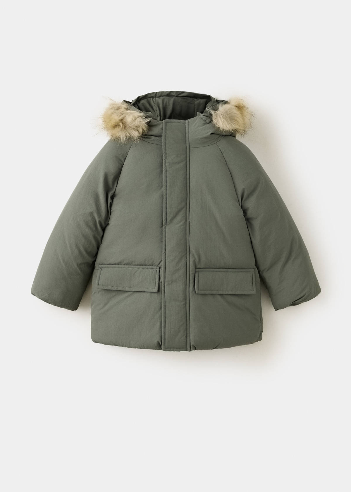 Puffer coat with fur-effect hood — Green