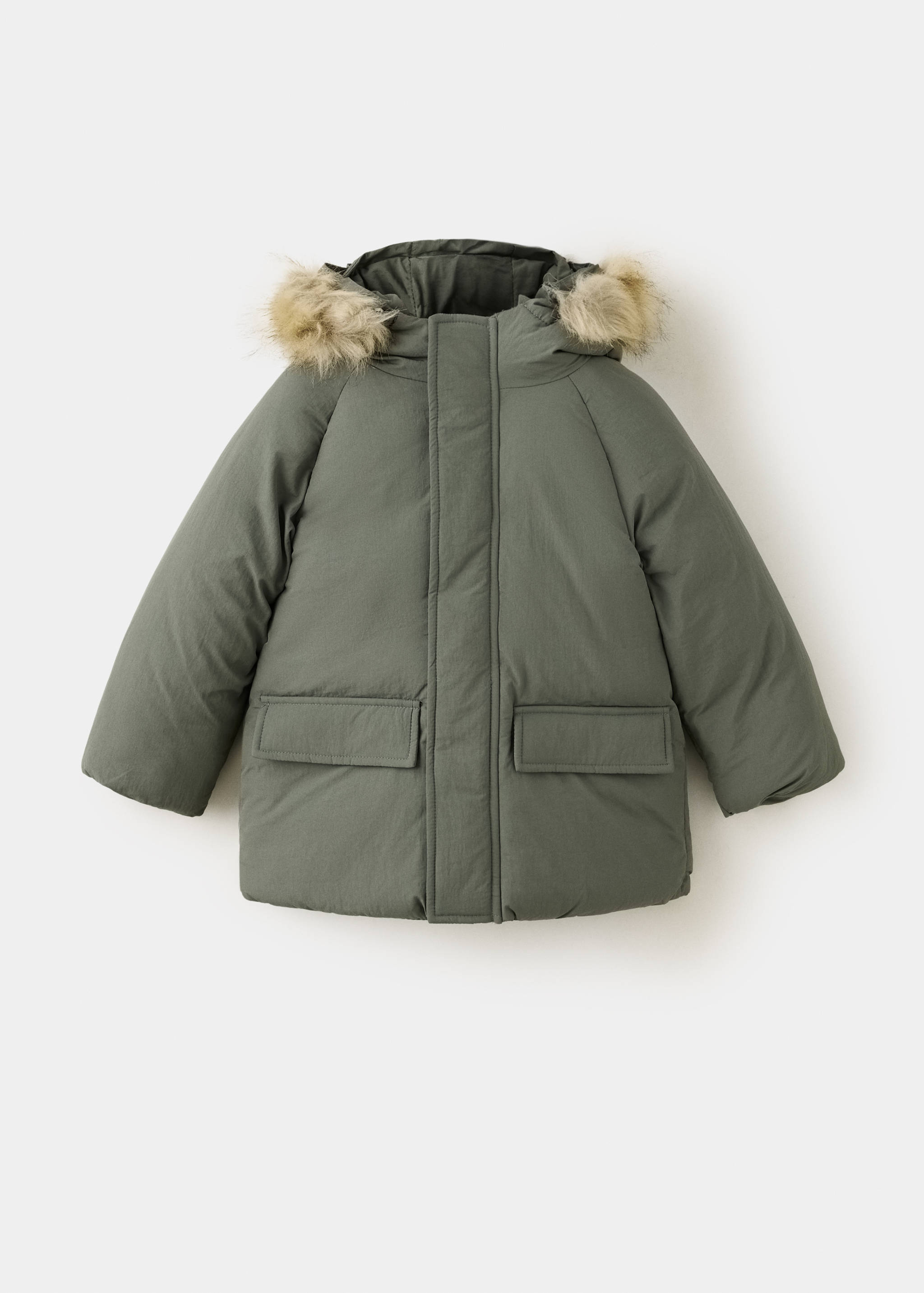 Dark green kids' padded anorak with a faux-fur trimmed hood and flap pockets.