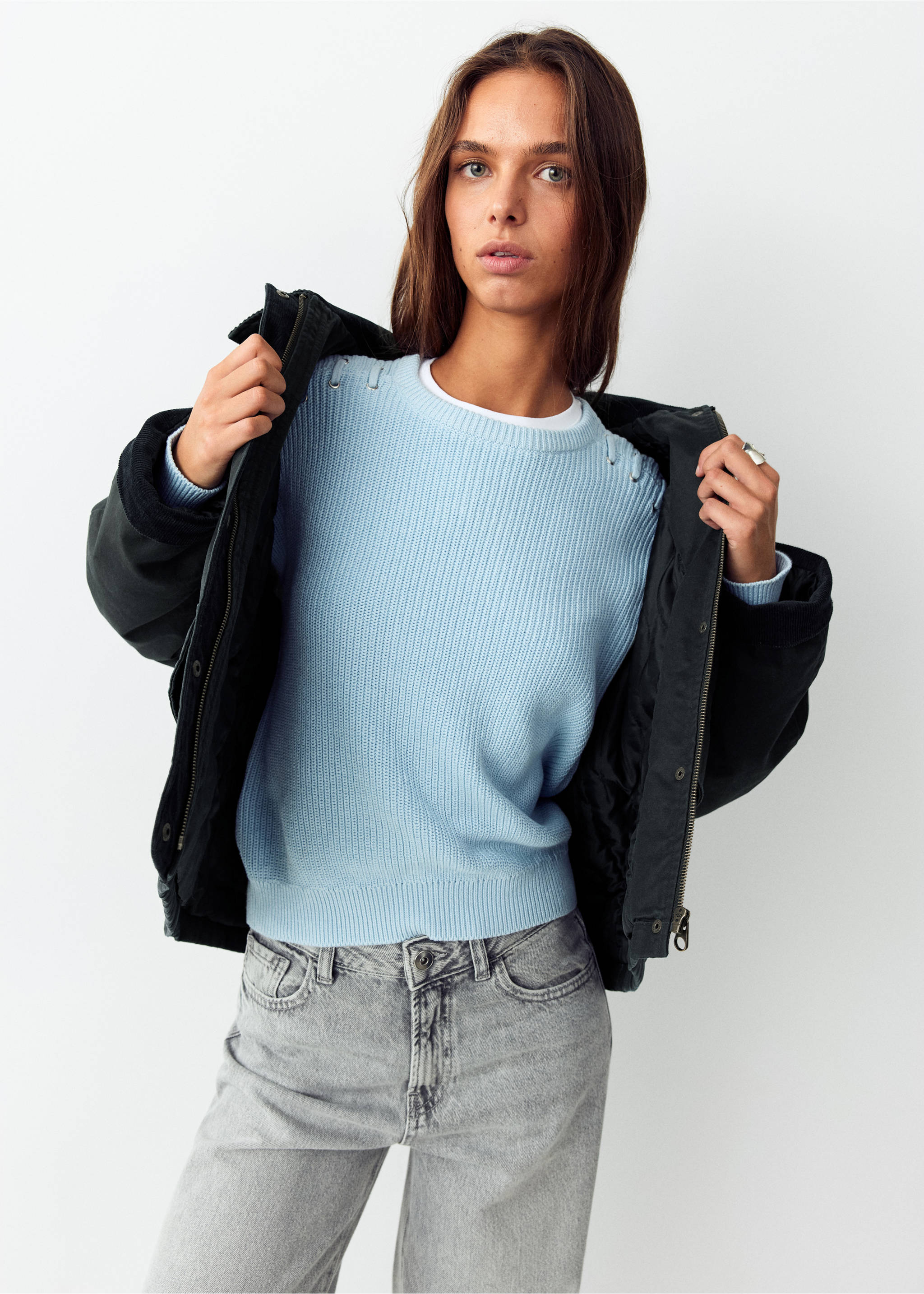 Oversized parka with corduroy collar - Details of the article 2, Navy. Ref: 37035152-00.